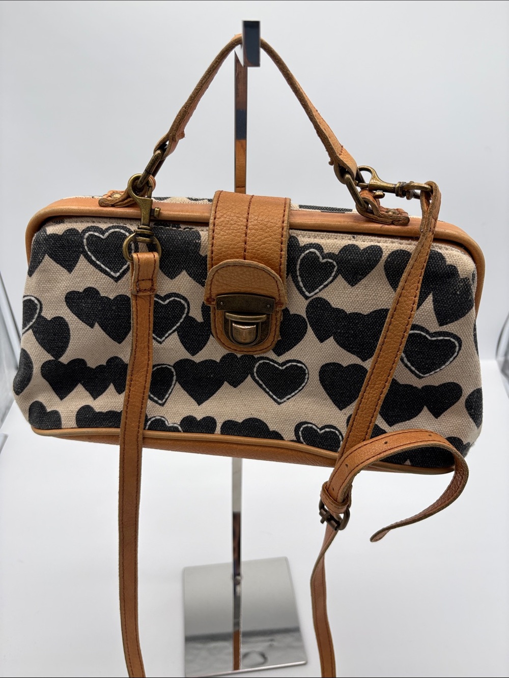 Miss Albright Black Heart Canvas Leather Satchel Crossbody Bag BLEMISH